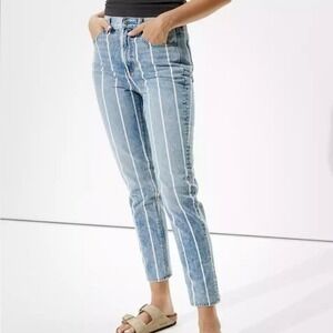 American Eagle Mom Jeans Retro Indigo Stripe High Waist Denim Women's 4 X-Long‎